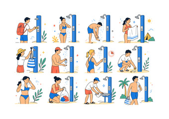 Fototapeta premium Outdoor Coin Shower Stop. Beach showers, campground hygiene, coin slots, summer travel, towels, outdoor facilities, and vacation routines. 12 minimalist editorial vector scenes: traveler inserting a