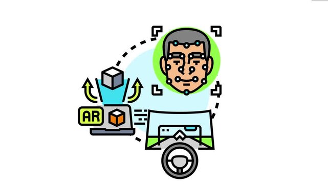 Augmented reality concept showing a digital human face mapping, interactive virtual objects integrating with a laptop, and an immersive driving simulation experience
