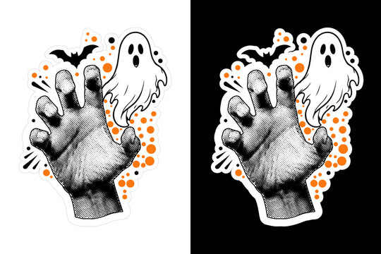 Retro Halftone Zombie Monster Hand Reaching Out with Floating Ghost and Bat Vector Illustration for Halloween