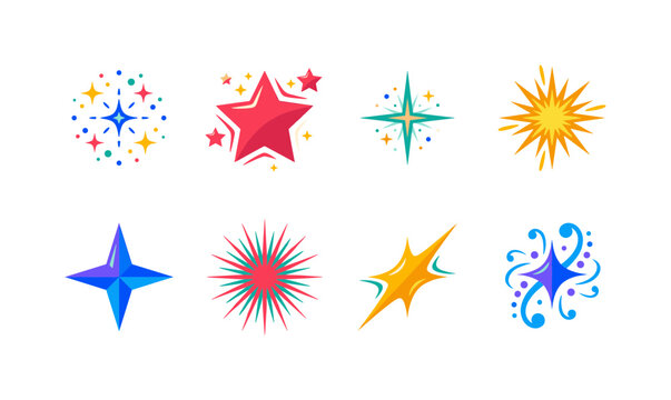 Sparkle Star Collection, bright flat vector icon set featuring sparkle, shine star, twinkle, flash, four-point star, starburst, glint and decorative spark, covering shine, celebration, beauty effects