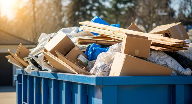 Large blue industrial waste container overflowing with discarded cardboard boxes and construction debris outdoors