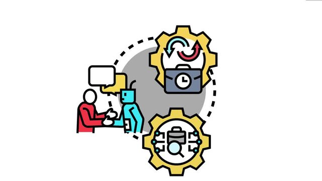 Human user interacting with a robot icon, symbolizing the authentication and initiation of an automated business system, with gears representing processes, data, tasks, and efficiency