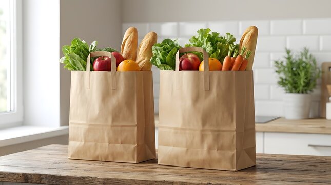 Two brown paper bags filled with fresh groceries on rustic wooden kitchen counter.