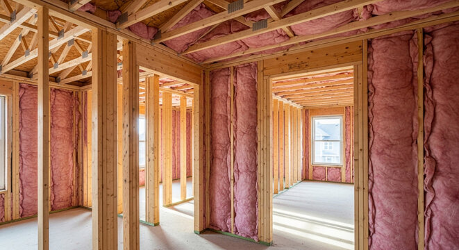 Residential house construction site featuring wooden wall studs and pink fiberglass insulation for energy efficiency