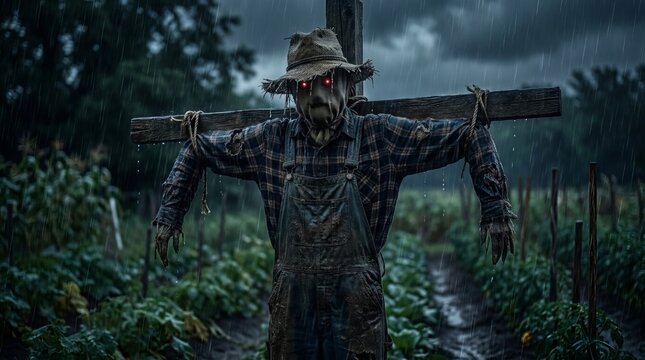 Sinister scarecrow with glowing red eyes stands tied to wooden cross in rainstorm over dark moody cornfield perfect for spooky halloween seasonal decor or horror art themes.