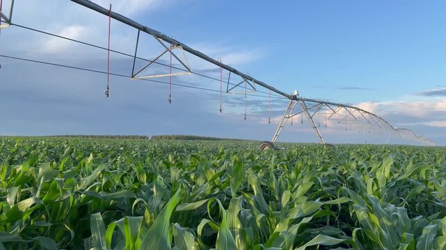 The vast cornfield shows abundant corn plants as the irrigation system distributes water. The irrigation setup stretches across the field, nourishing the growing corn plants.