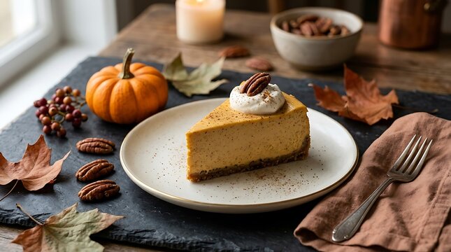 Slice of pumpkin cheesecake with whipped cream and pecans on a rustic autumn table setting