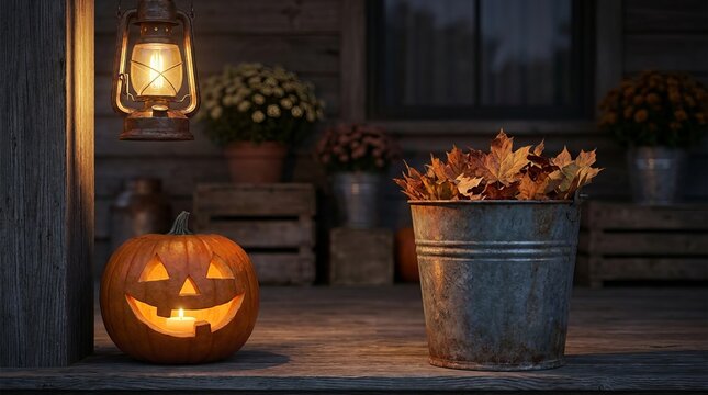 Welcoming carved jack o' lantern with candle on porch next to lantern and bucket of autumn leaves, creating cozy Halloween or fall porch decor, inviting guests warmly.