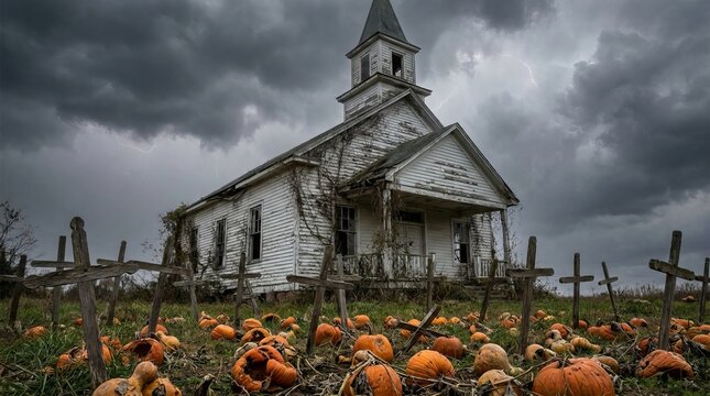 Creepy abandoned white church with broken steeple and windows stands in a field of pumpkins and wooden crosses under a stormy, lightning-filled sky, evoking a haunted Halloween atmosphere.