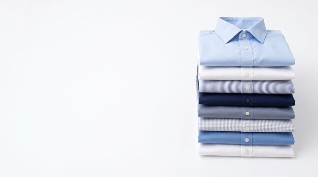 Neatly folded men's dress shirts stacked in neutral tones for professional wardrobe display