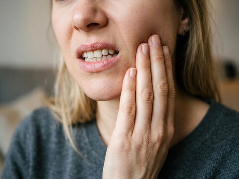 Woman feeling painful toothache touching cheek with hand in need of emergency dental care treatment.
