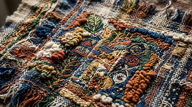 Intricate handmade embroidered textile featuring colorful botanical patterns and mixed media textures for artistic home decor design.