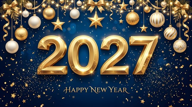 Golden 2027 new year celebration with festive decorations and confetti