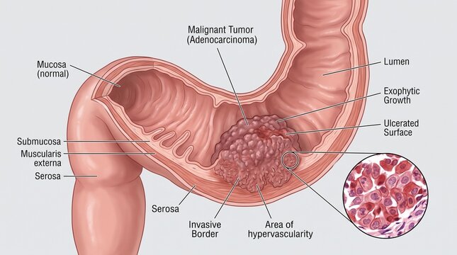 Cross section of large intestine with malignant colon tumor