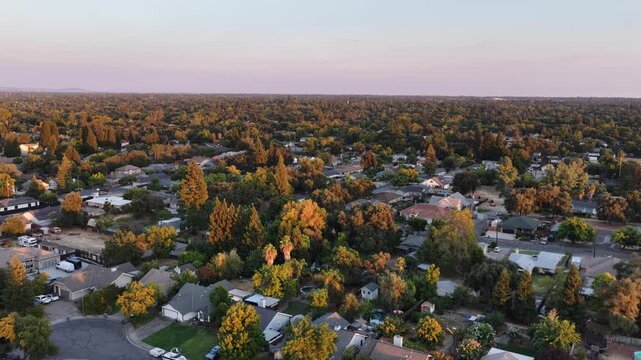 Roseville California Residential Neighborhood Aerial View at Sunset