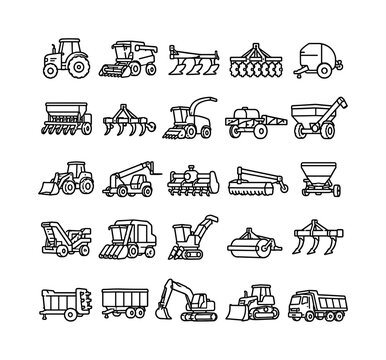 Heavy Agriculture Machinery Series, line icon set, 25 clean outline icons including tractor, combine harvester, moldboard plow, disc harrow, baler, seed drill, cultivator, forage harvester, sprayer,