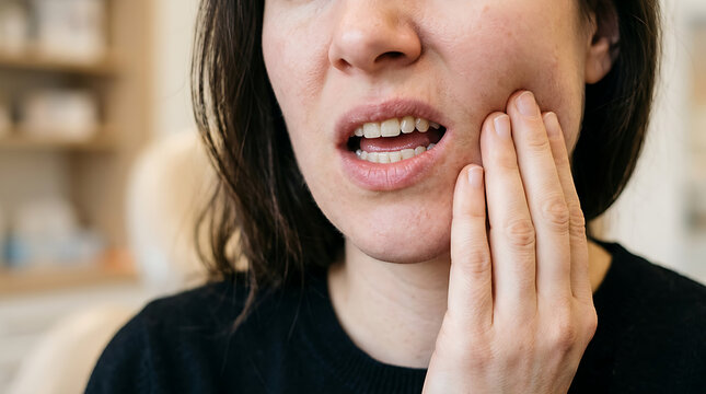Close-up of woman touching cheek with hand suffering from severe toothache pain and dental sensitivity indoors.