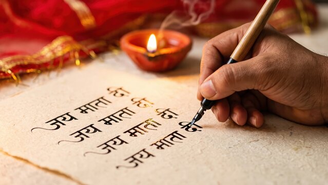 Jai Mata Di Calligraphy &ndash; Hindu Goddess Prayer and Devotional Mantra Writing