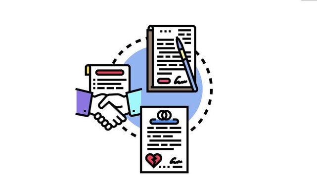 Legal document concept showing official papers, a handshake for agreements, and a document with wedding rings and a broken heart symbolizing relationships and their dissolution