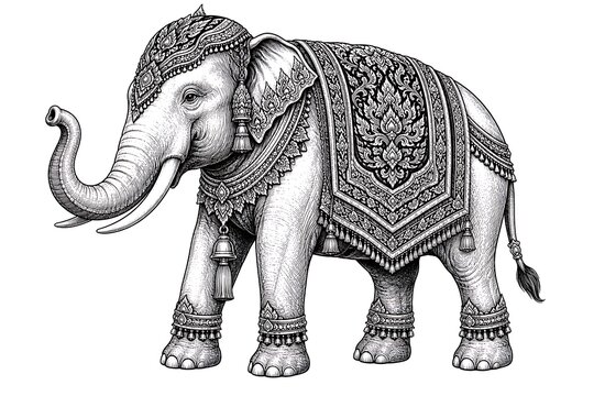Detailed Artistic Illustration of an Ornate Elephant with Intricate Patterns, Perfect for Unique Decor and Cultural Themes