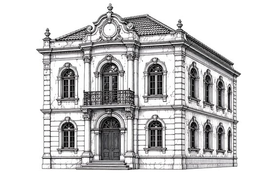 Elegant architectural sketch of a grand historical building with intricate details, classic windows, and ornate balcony design
