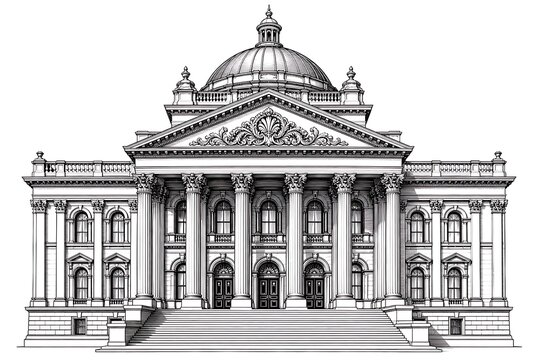 Architectural Drawing of Historic Building with Dome and Grand Facade in Classic Style, Front View on White Background