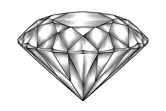Detailed Illustration of a Single Diamond Gemstone with Intricate Facets and Clear Lines for Artistic Use