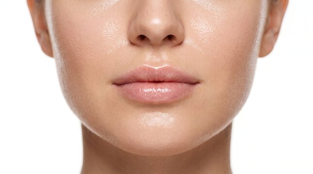 Frontal view close up of woman lower face showing healthy natural glowing skin tone and full lips