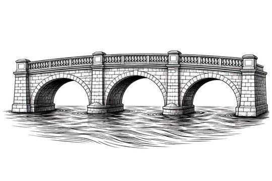 Elegant Stone Bridge Over Water with Arch Design and Detailed Railings in Black and White Line Art Style