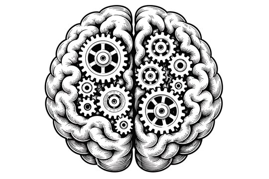 Intricate Vector Illustration of Human Brain with Gears Symbolizing Thought Processes and Mechanical Creativity