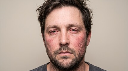 Fototapeta premium Frontal portrait of man face with severe facial erythema red flushed cheeks and bloodshot eyes