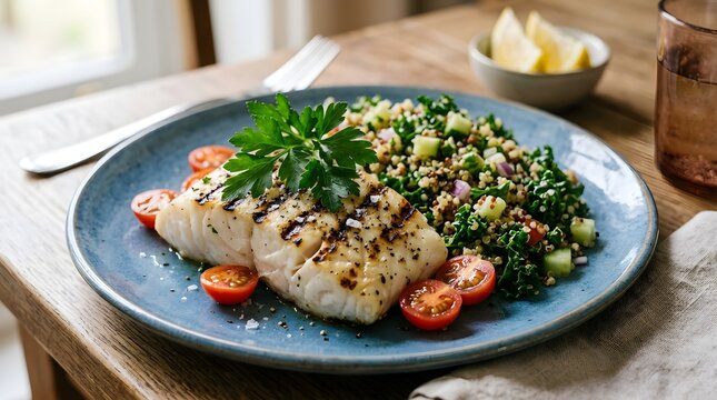 Fresh white fish fillet topped with herbs and cherry tomatoes on plate