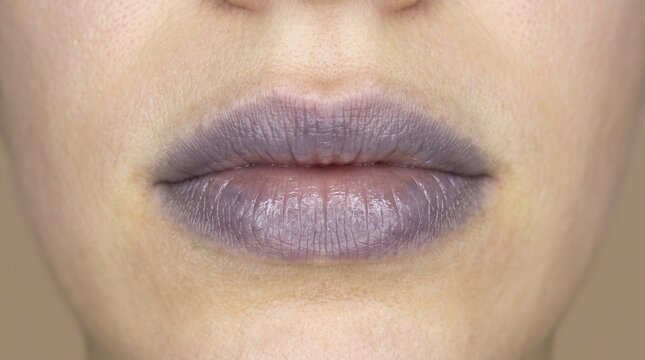 Macro close up of human lips showing cyanosis purplish discoloration and impaired blood circulation symptom