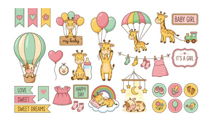 Obraz premium Cute baby girl shower elements collection with cartoon giraffe character balloons crib mobile and festive badges
