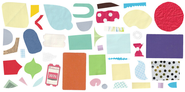 Colored paper scraps set for collage art, junk journal and scrapbooking. High-quality handmade various scanned elements with realistic texture