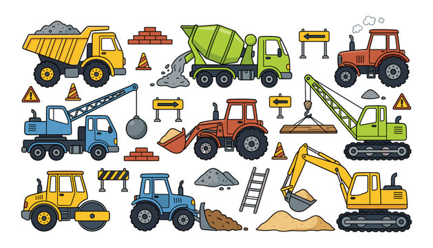 Construction vehicles vector set with heavy machinery truck excavator bulldozer crane cement mixer tractor and road barriers illustrations
