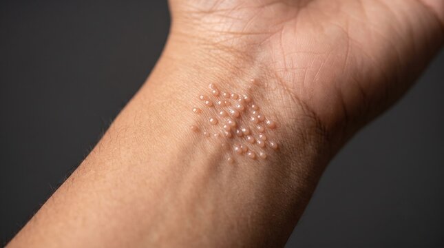 Macro shot of human wrist skin with cluster of molluscum contagiosum umbilicated papules