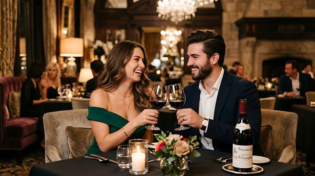 Elegant couple in evening wear celebrating romantic anniversary with red wine in luxury upscale restaurant.