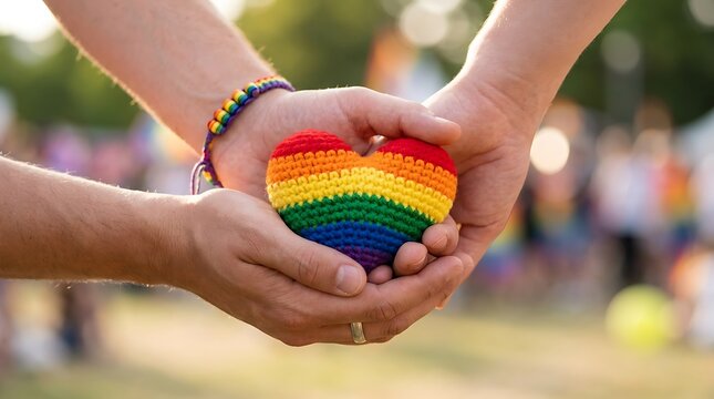 Two hands holding a crocheted rainbow heart in support of lgbtq pride and equality.