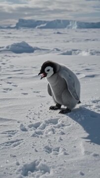 Emperor penguin chick baby antarctica snow ice cold winter wildlife animal nature fluffy polar frozen cute walking south pole wilderness outdoor bird seabird habitat portrait.