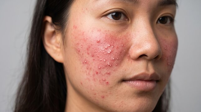 Close up view of Asian woman face with severe papulopustular acne rash and red pustules on cheeks