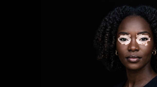 Frontal studio portrait of black woman with vitiligo white depigmentation patches around eyes on dark background