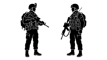 Fototapeta premium Soldier silhouettes with rifles and tactical gear against a white background