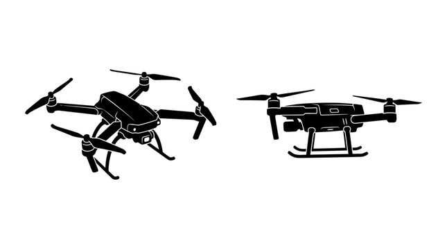 Two black silhouettes of quadcopter drones on a white background