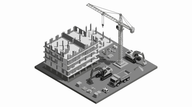 Construction site with multistory building under development and heavy machinery