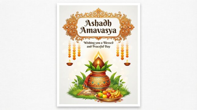 Traditional Indian festival Ashadh Amavasya greeting card with diya and frame