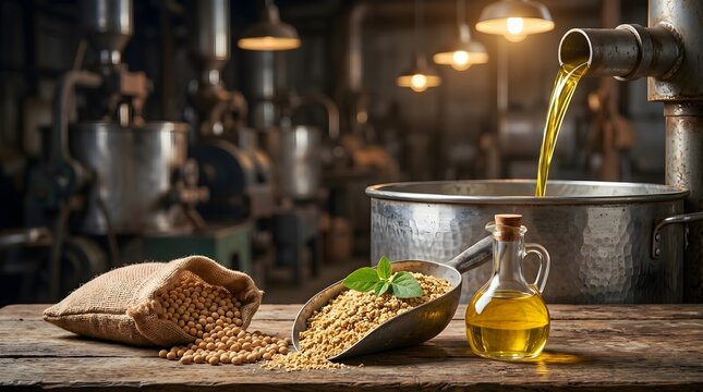 Traditional Industrial Soybean Oil Pressing Process with Raw Grain Sack and Glass Bottle on Rustic Wooden Table