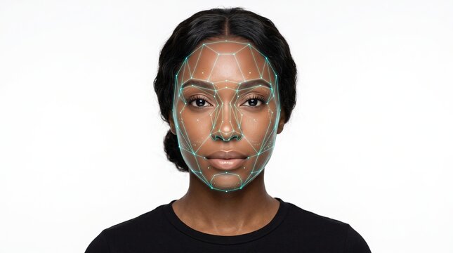 Frontal portrait of black woman with cyan digital facial recognition mesh overlay for biometric scanning and AI analysis