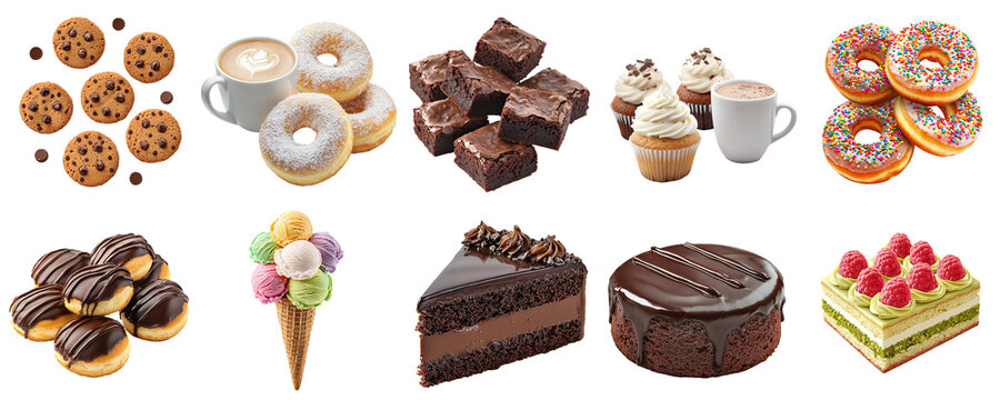 A set of various sweets: cake, coffee, cupcake, brownie, ice cream, cookies, and eclairs, isolated on a transparent background PNG