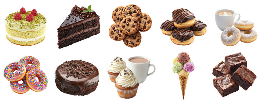 A set of various sweets: cake, coffee, cupcake, brownie, ice cream, cookies, and eclairs, isolated on a transparent background PNG